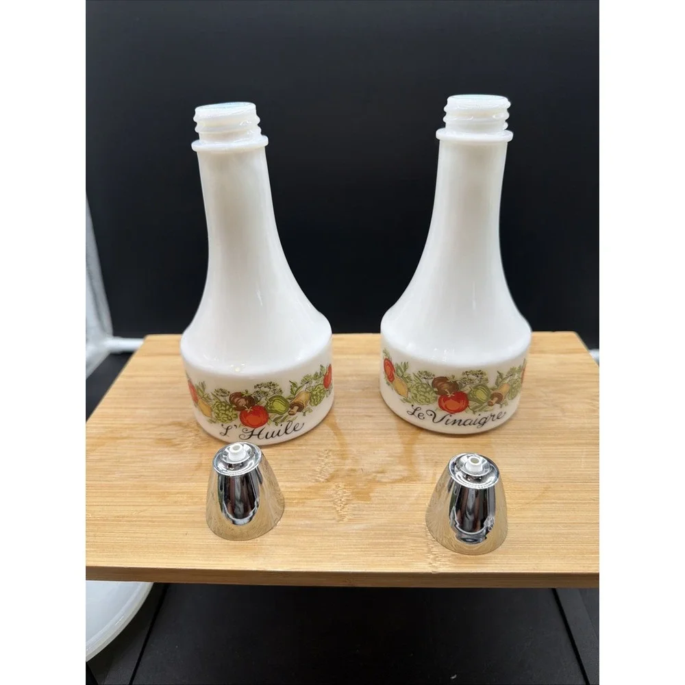 Vintage Gemco Corning Ware SPICE OF LIFE Vinegar  and Oil Cruets Milk Glass